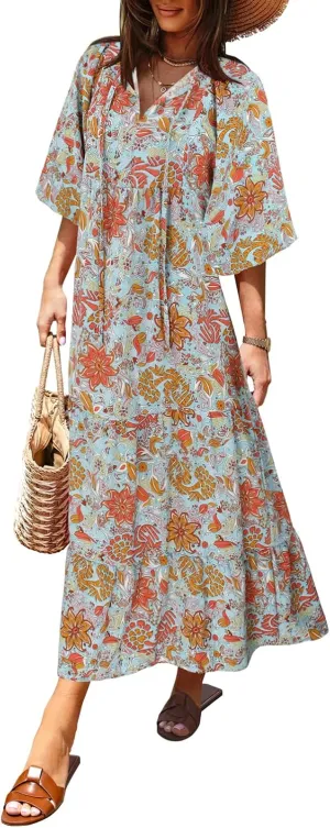miduo Womens Loose Fit Casual Summer V Neck Half Sleeve Bohemian Geometric Pattern Maxi Long Dresses