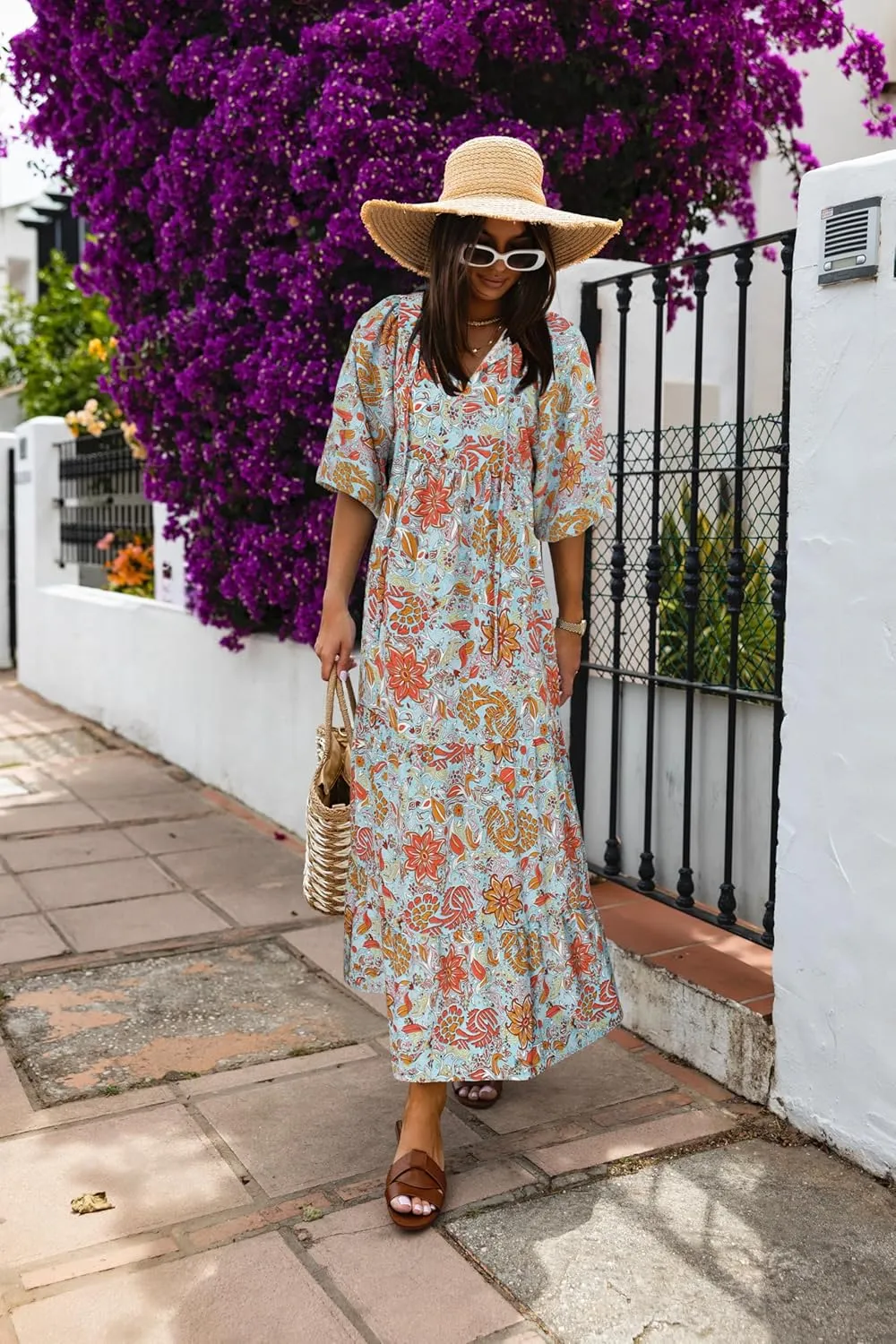 miduo Womens Loose Fit Casual Summer V Neck Half Sleeve Bohemian Geometric Pattern Maxi Long Dresses