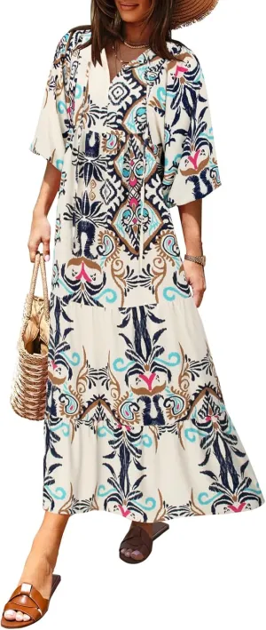 miduo Womens Loose Fit Casual Summer V Neck Half Sleeve Bohemian Geometric Pattern Maxi Long Dresses