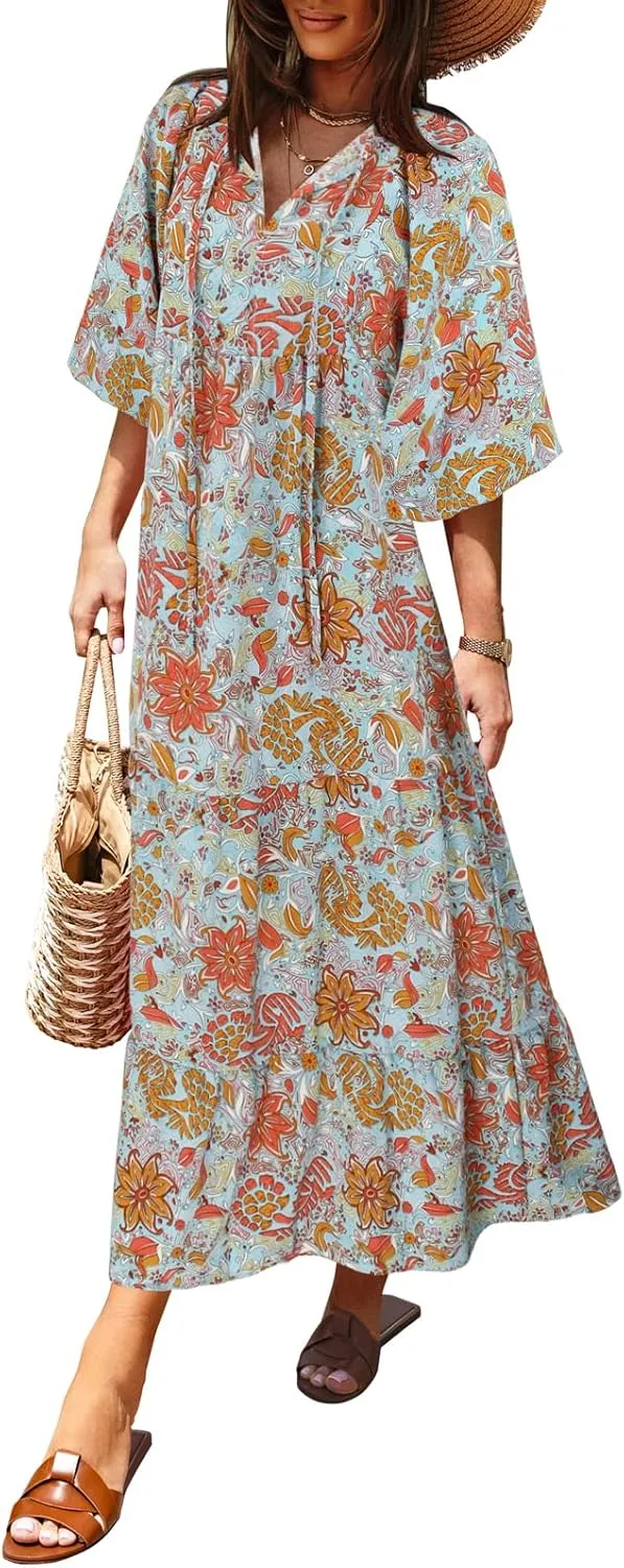 miduo Womens Loose Fit Casual Summer V Neck Half Sleeve Bohemian Geometric Pattern Maxi Long Dresses