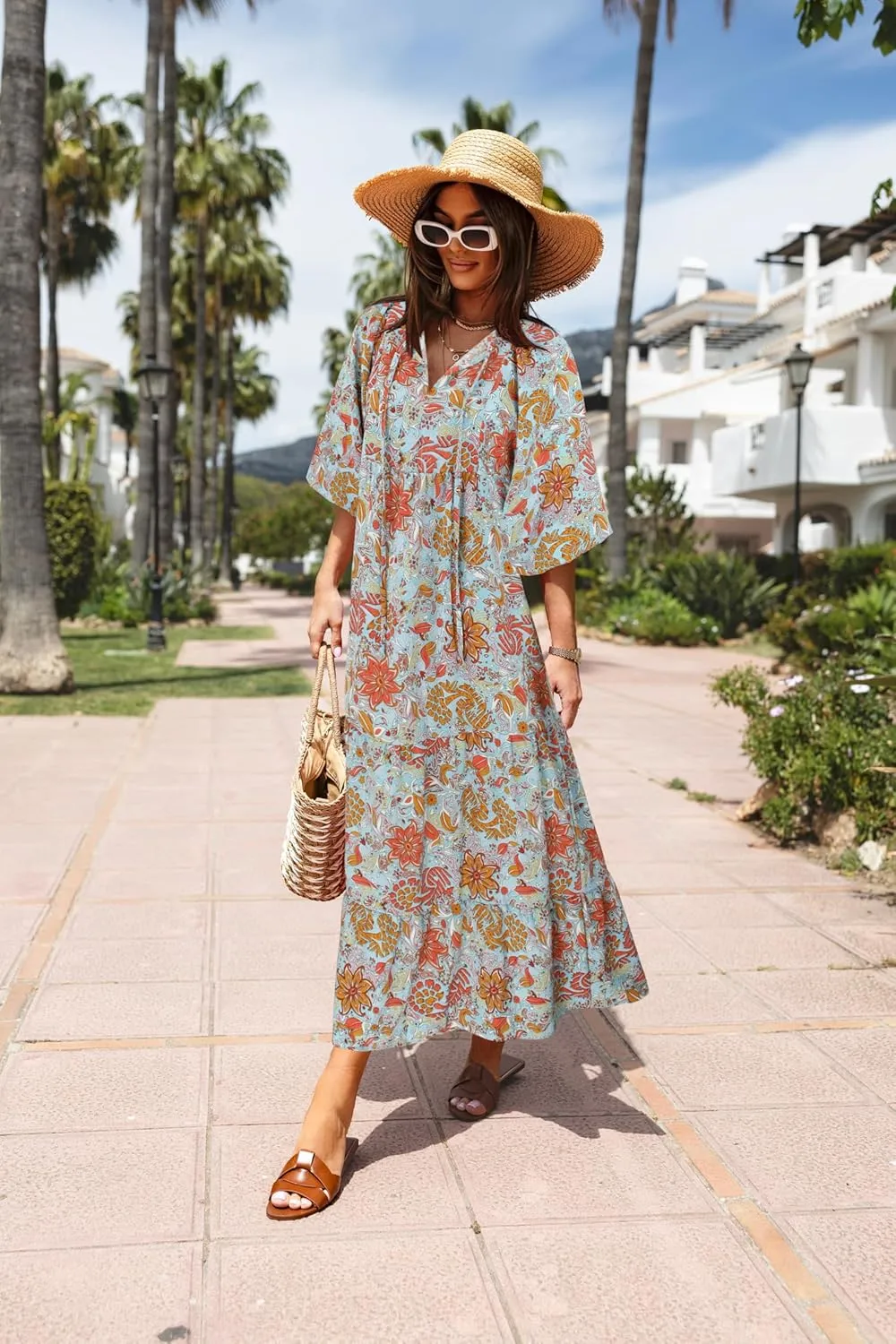 miduo Womens Loose Fit Casual Summer V Neck Half Sleeve Bohemian Geometric Pattern Maxi Long Dresses