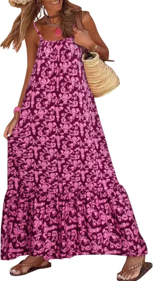 miduo Womens Summer Bohemian Pattern Spaghetti Straps Sleeveless Casual Maxi Long Dresses
