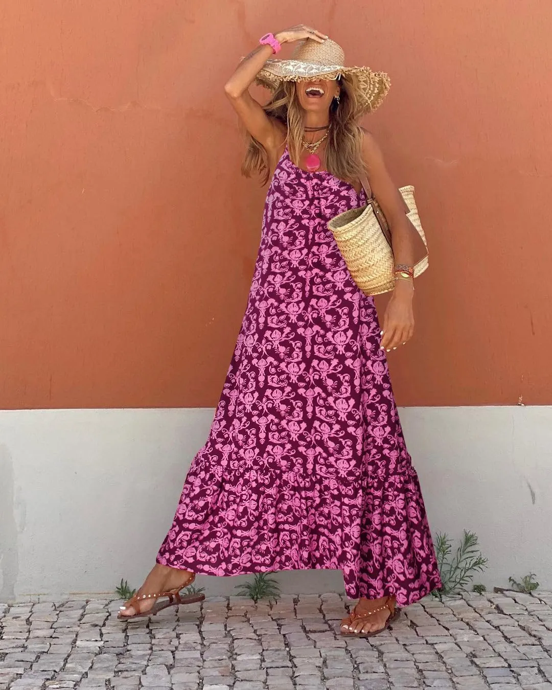 miduo Womens Summer Bohemian Pattern Spaghetti Straps Sleeveless Casual Maxi Long Dresses