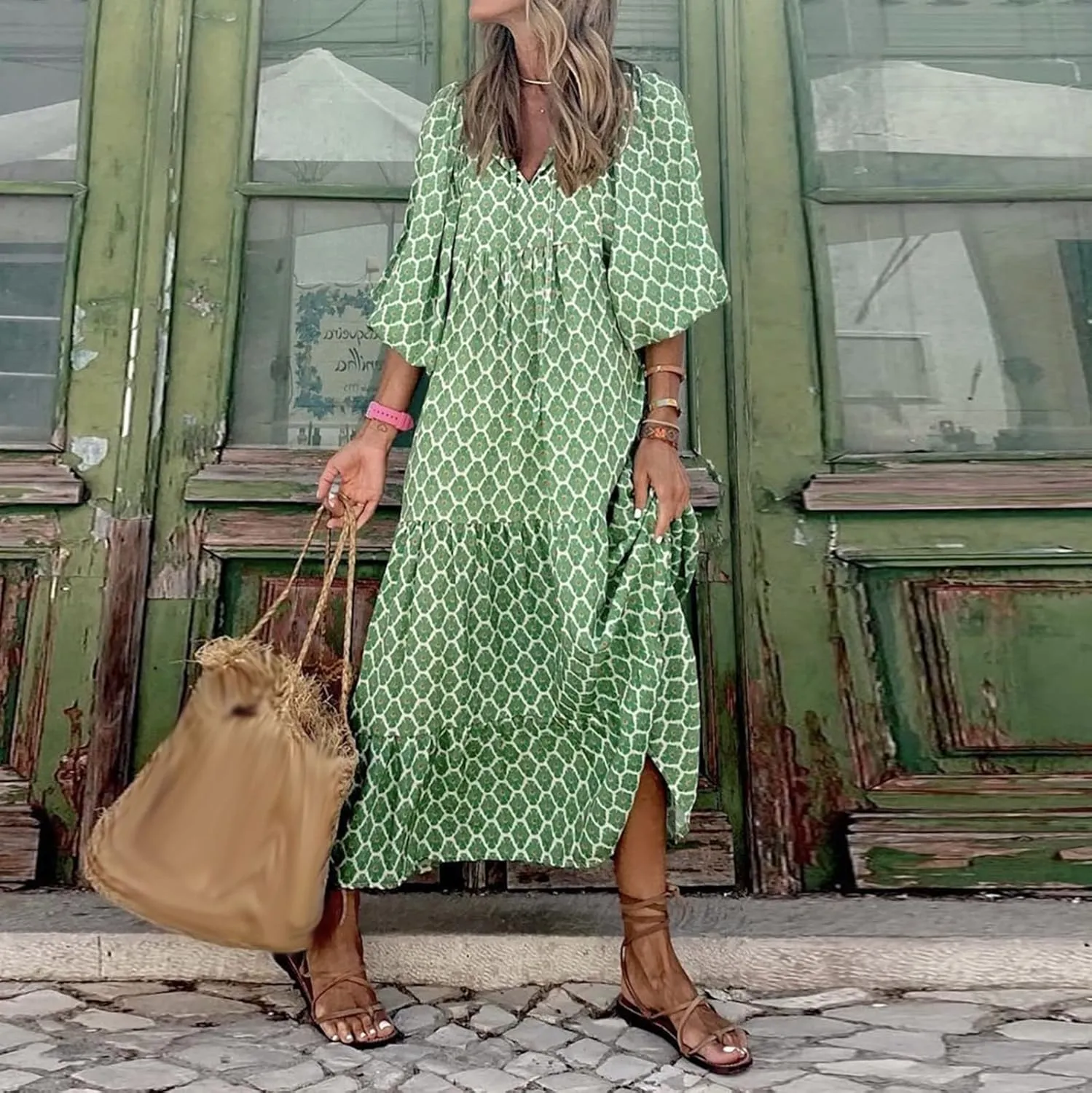 Milk Maid Dress for Women 2025 Floral Print Puff Sleeve Short Sleeve Maxi Dress with Elastic Waist Summer Casual Outfit