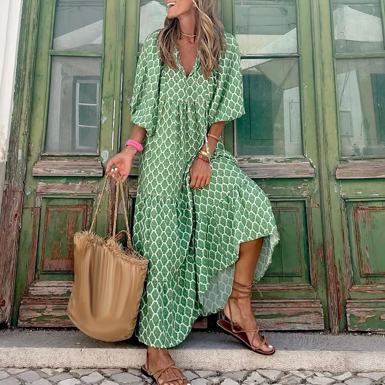 Milk Maid Dress for Women 2025 Floral Print Puff Sleeve Short Sleeve Maxi Dress with Elastic Waist Summer Casual Outfit