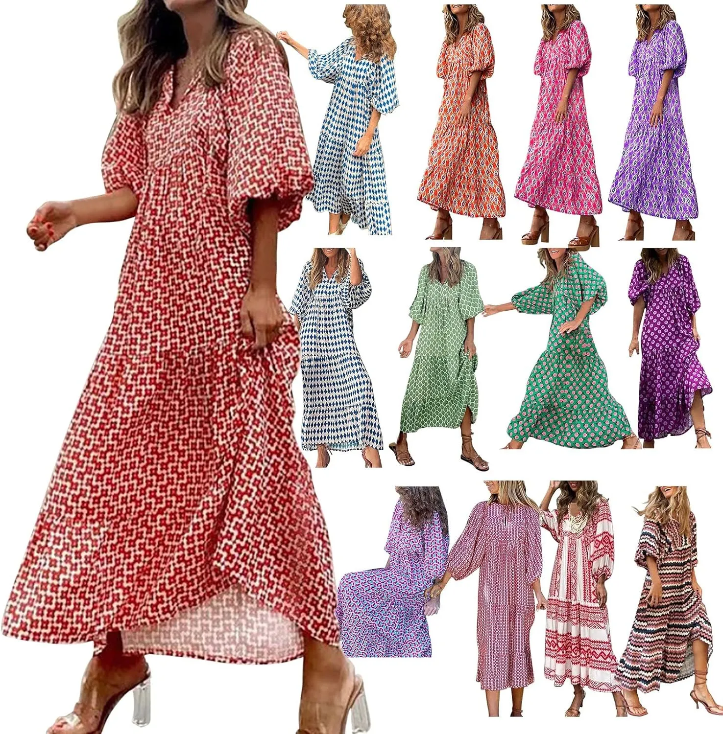 Milk Maid Dress for Women 2025 Floral Print Puff Sleeve Short Sleeve Maxi Dress with Elastic Waist Summer Casual Outfit
