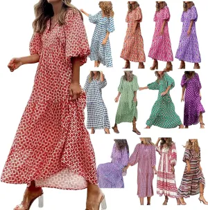 Milk Maid Dress for Women 2025 Floral Print Puff Sleeve Short Sleeve Maxi Dress with Elastic Waist Summer Casual Outfit