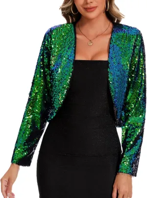 MINTLIMIT Women's Sequin Shrug Bolero Long Sleeve Open Front Party Sparkly Cropped Cardigan Glitter Shiny Jackets