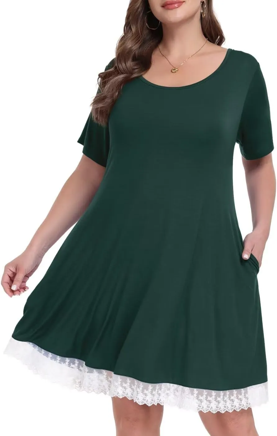 MONNURO Womens Plus Size Dresses Casual Summer T Shirt Dress with Pockets and Lace Hem