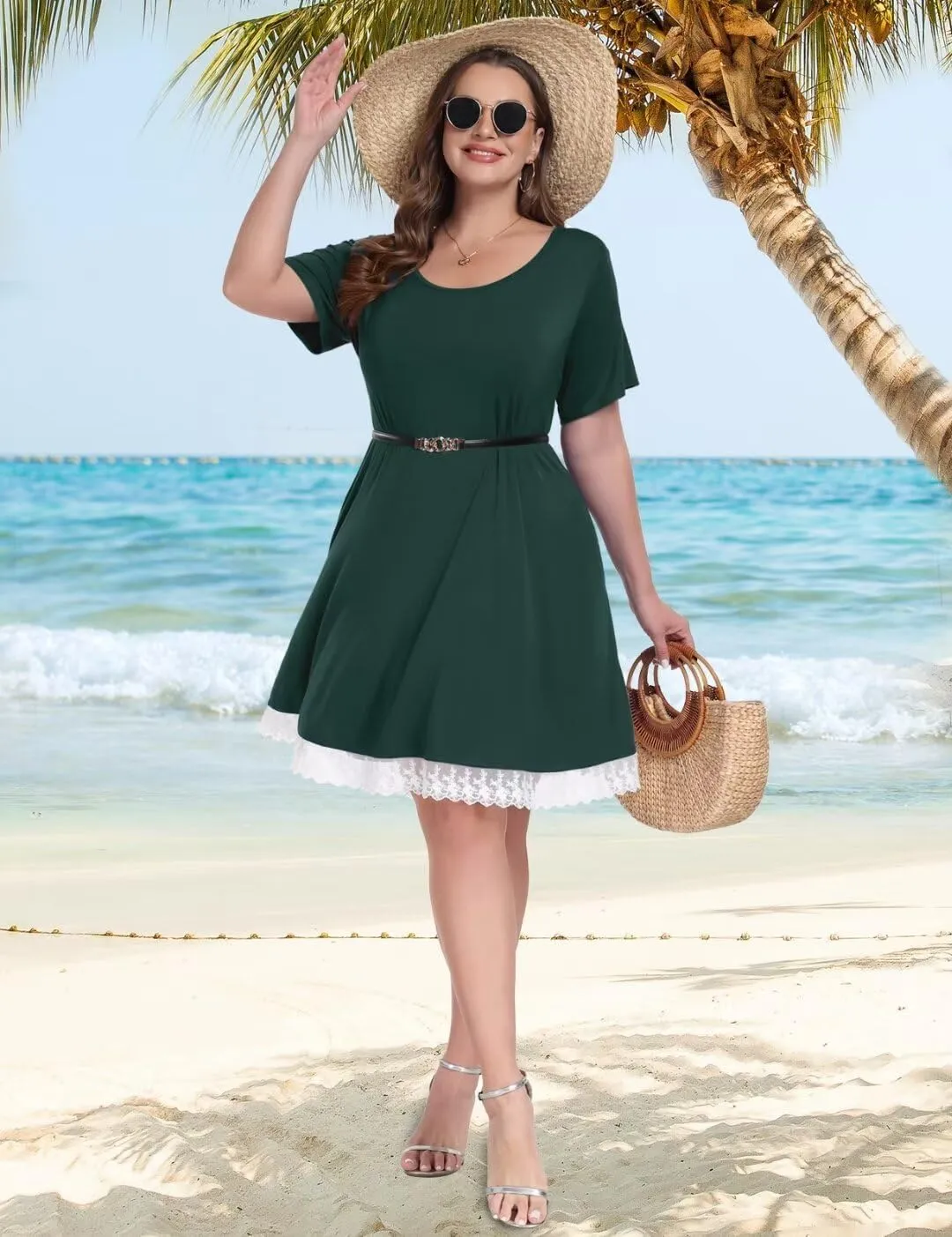 MONNURO Womens Plus Size Dresses Casual Summer T Shirt Dress with Pockets and Lace Hem