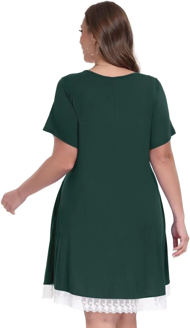 MONNURO Womens Plus Size Dresses Casual Summer T Shirt Dress with Pockets and Lace Hem