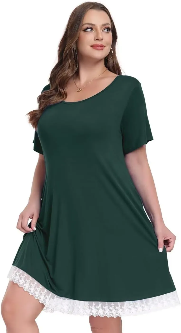 MONNURO Womens Plus Size Dresses Casual Summer T Shirt Dress with Pockets and Lace Hem