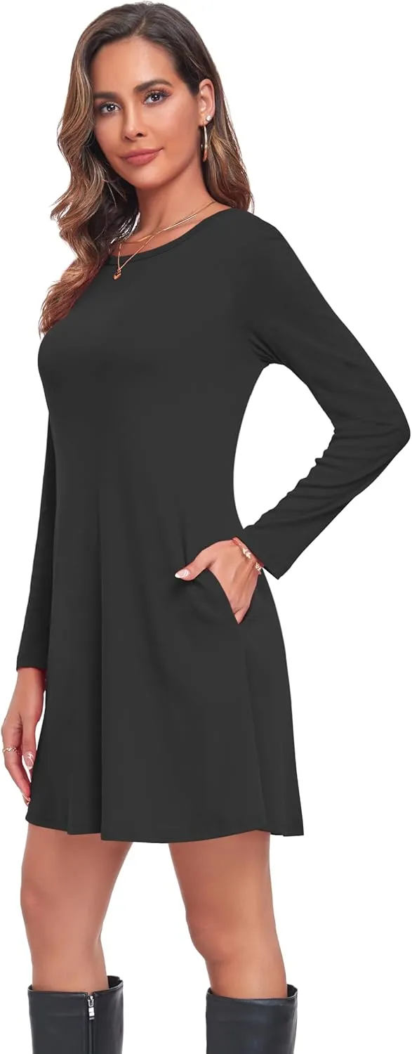 Moskill Long Sleeve Tshirt Dresses for Women with Pockets Casual Loose Swing Dress