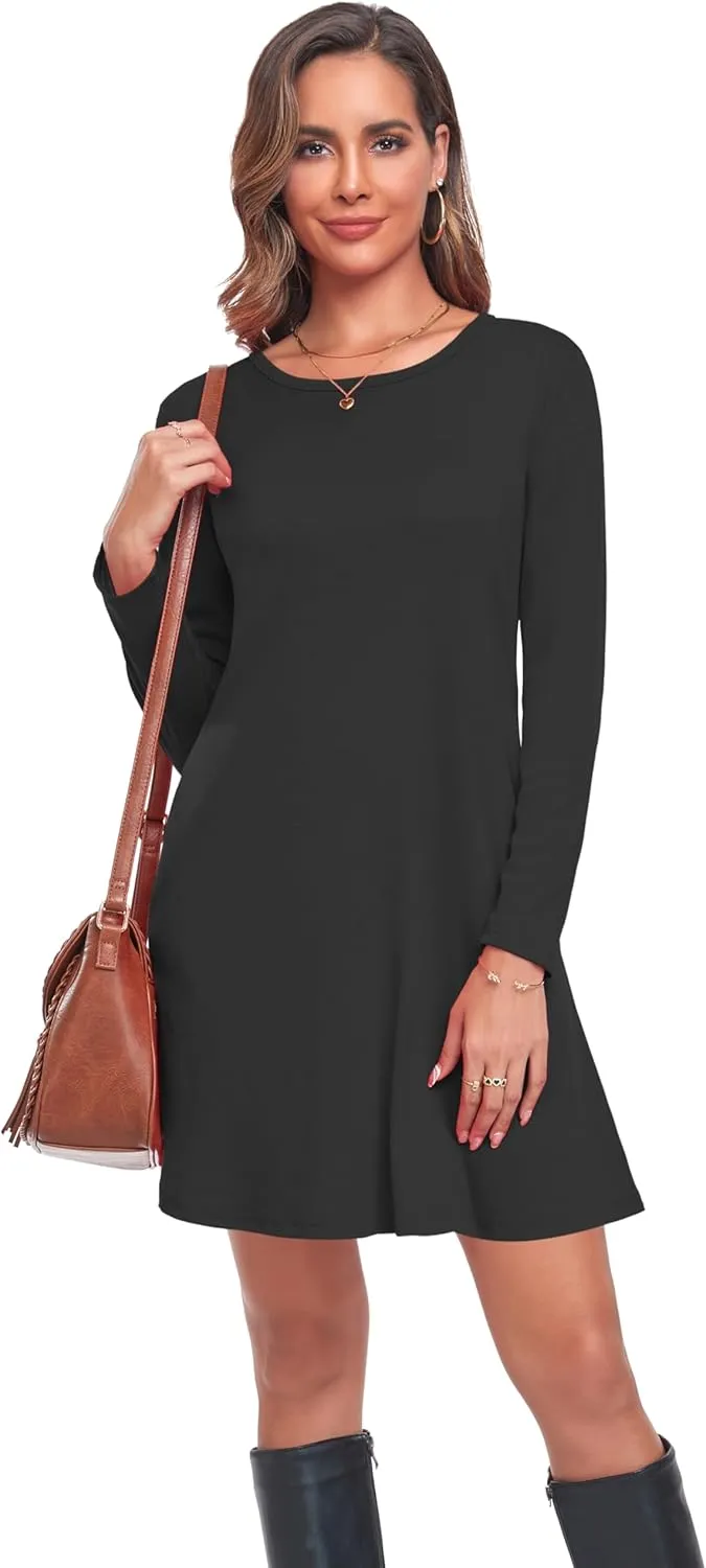 Moskill Long Sleeve Tshirt Dresses for Women with Pockets Casual Loose Swing Dress