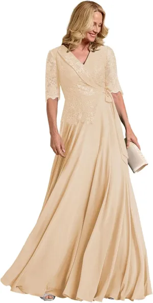Mother of The Bride Dress Lace Appliques Long Sleeve Formal Evening Gowns Chiffon Long Formal Dress