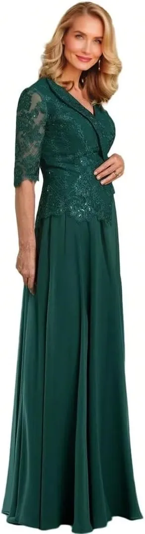 Mother of The Bride Dress Lace Appliques Long Sleeve Formal Evening Gowns Chiffon Long Formal Dress