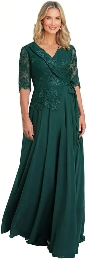 Mother of The Bride Dress Lace Appliques Long Sleeve Formal Evening Gowns Chiffon Long Formal Dress