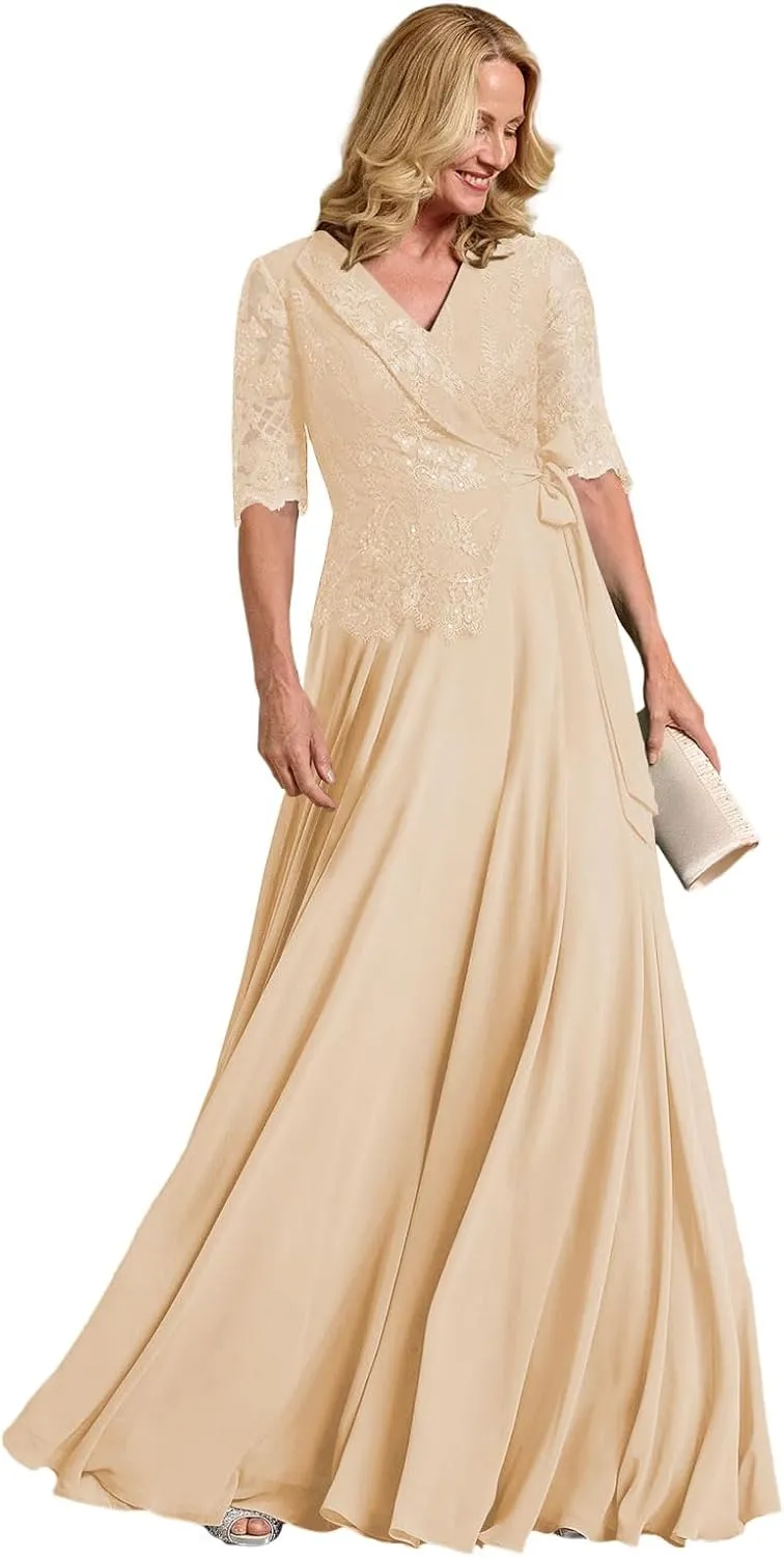 Mother of The Bride Dress Lace Appliques Long Sleeve Formal Evening Gowns Chiffon Long Formal Dress