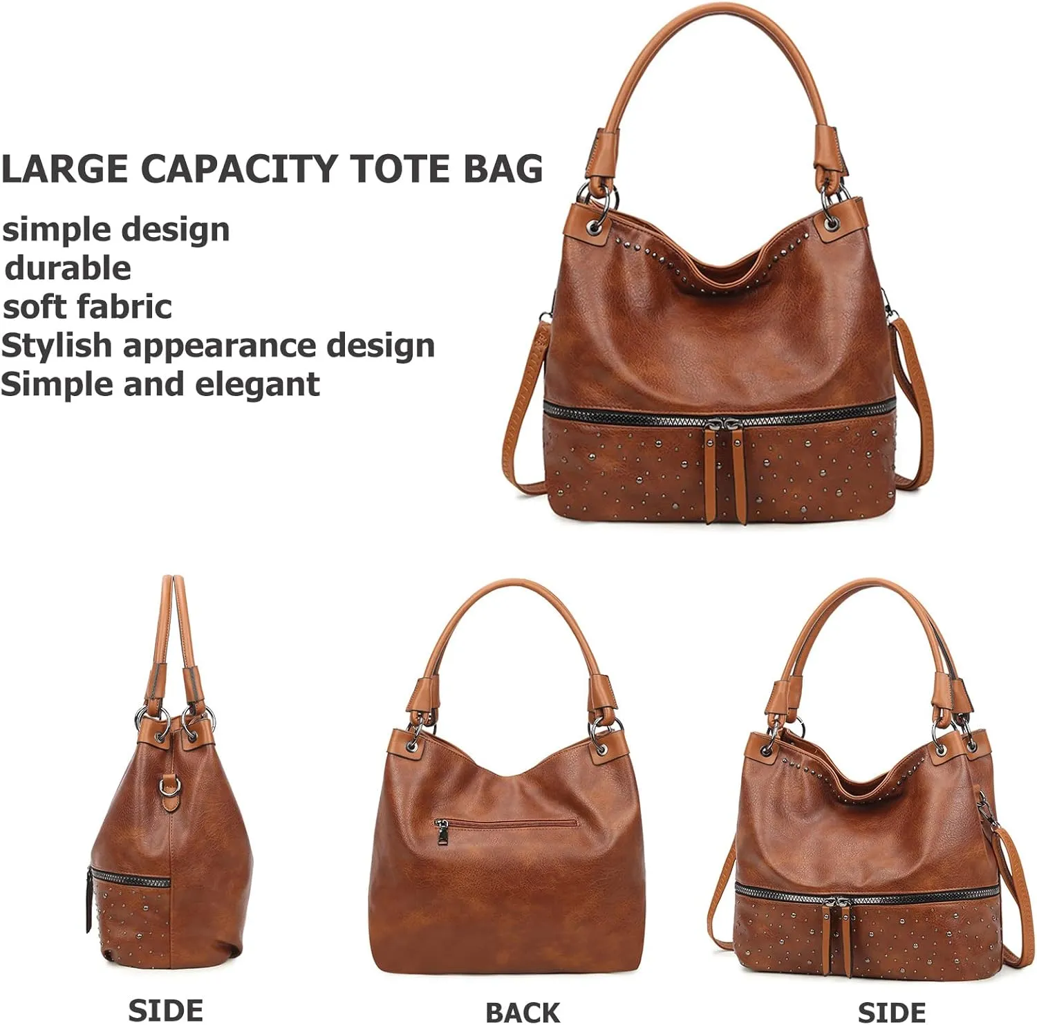 myfriday Vintage Hobo Shoulder Bag for Women Soft Leather Bucket Tote Bag Fashionable Structured Purse with Rivet Detail