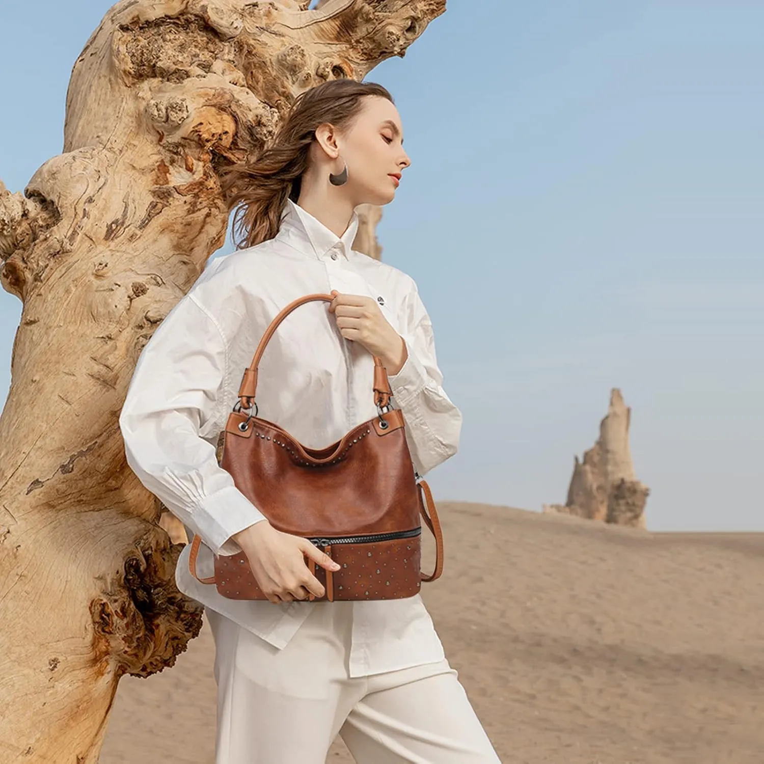 myfriday Vintage Hobo Shoulder Bag for Women Soft Leather Bucket Tote Bag Fashionable Structured Purse with Rivet Detail
