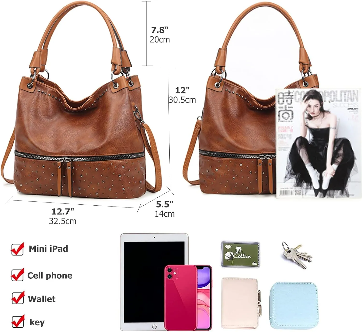 myfriday Vintage Hobo Shoulder Bag for Women Soft Leather Bucket Tote Bag Fashionable Structured Purse with Rivet Detail