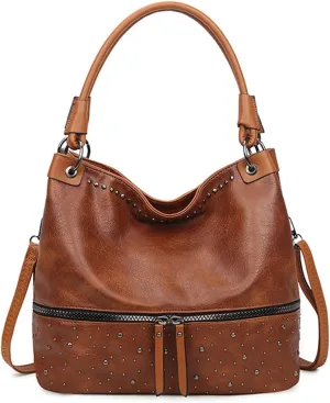 myfriday Vintage Hobo Shoulder Bag for Women Soft Leather Bucket Tote Bag Fashionable Structured Purse with Rivet Detail