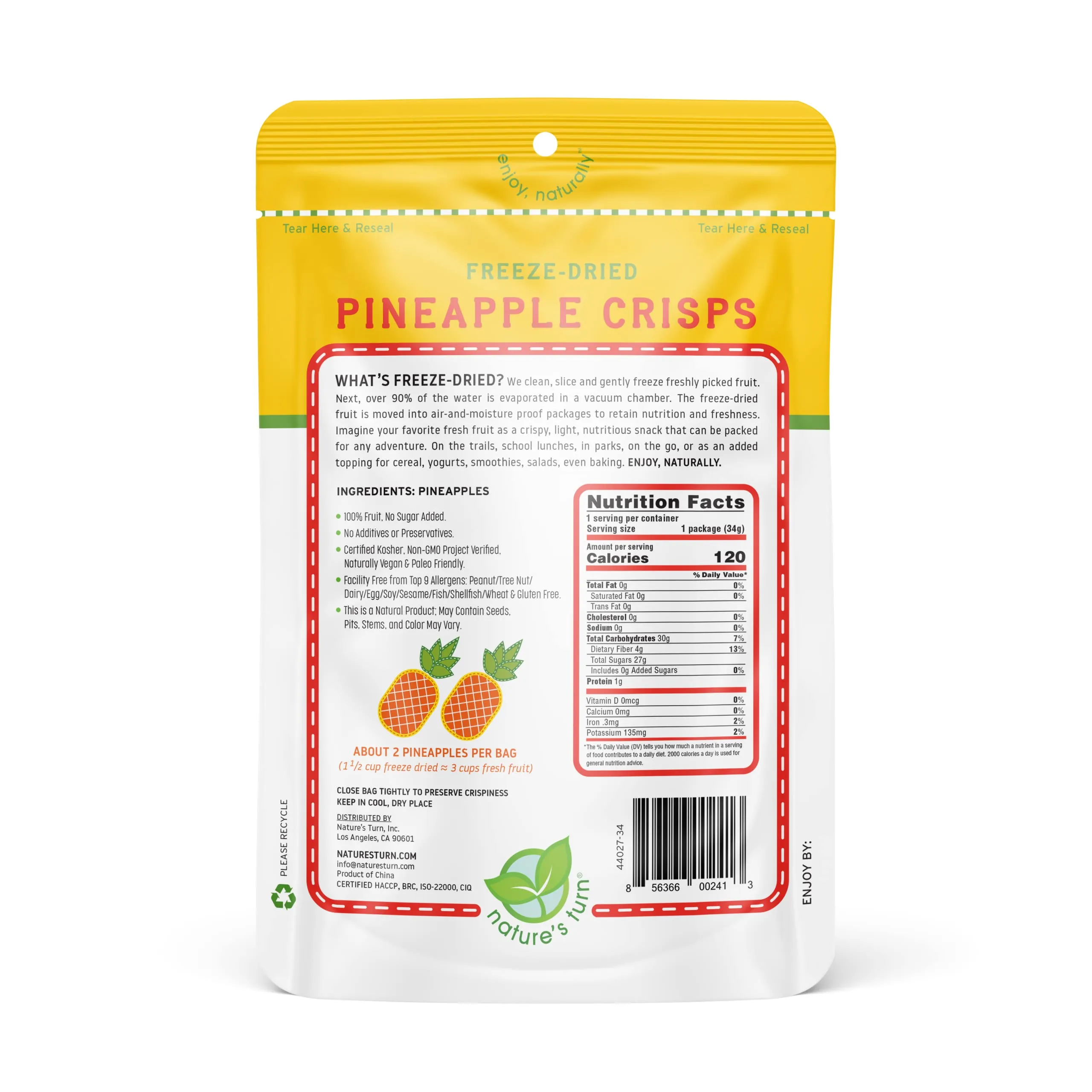 Nature’s Turn Freeze-Dried Fruit Snacks, Pineapple Crisps - Pack of 6 (1.2 oz Each)