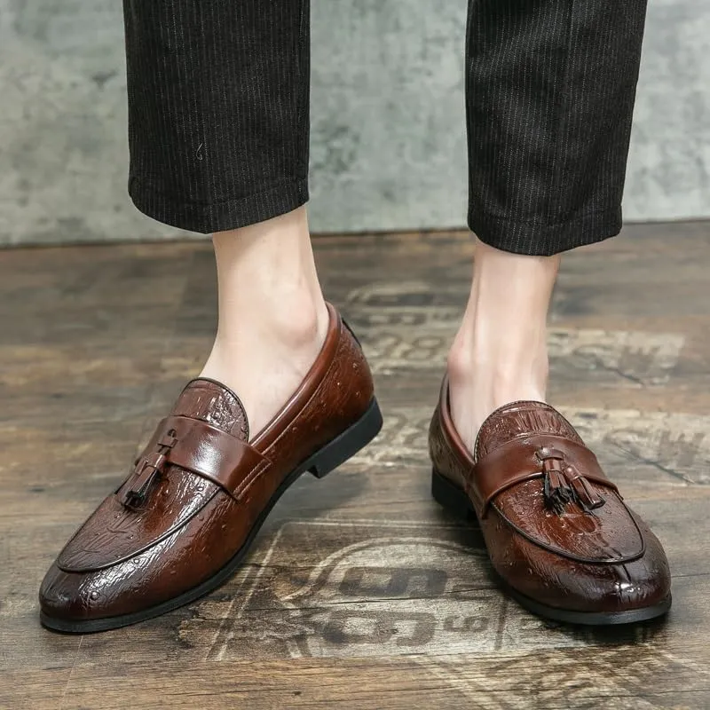 New Loafers for Men Burnished Toe Crocodile Print with Tassel Vegan Leather Anti-Slip Flat Heel Comfortable Outdoor Party Slip-ons