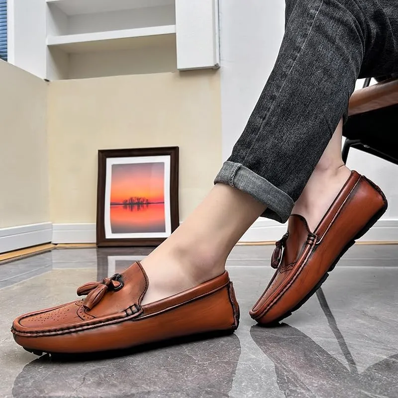 New Loafers for Men Round Toe Vegan Leather Brogue Embossed with Tassel Driving Loafers Anti-Slip Flexible Flat Heel Party Classic Slip On