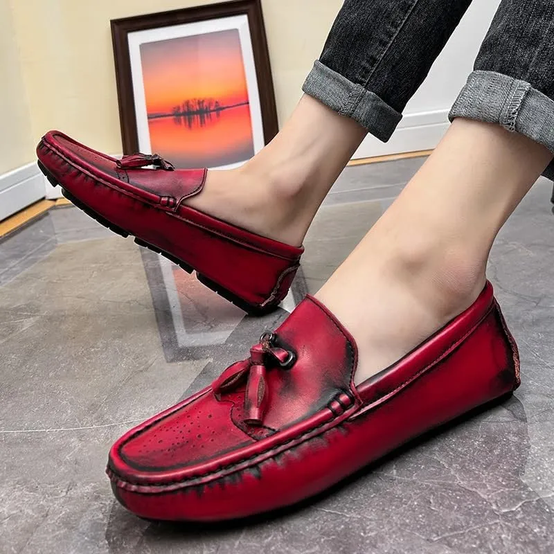 New Loafers for Men Round Toe Vegan Leather Brogue Embossed with Tassel Driving Loafers Anti-Slip Flexible Flat Heel Party Classic Slip On