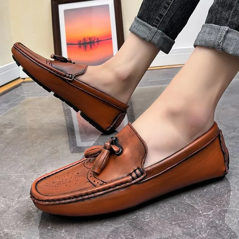 New Loafers for Men Round Toe Vegan Leather Brogue Embossed with Tassel Driving Loafers Anti-Slip Flexible Flat Heel Party Classic Slip On