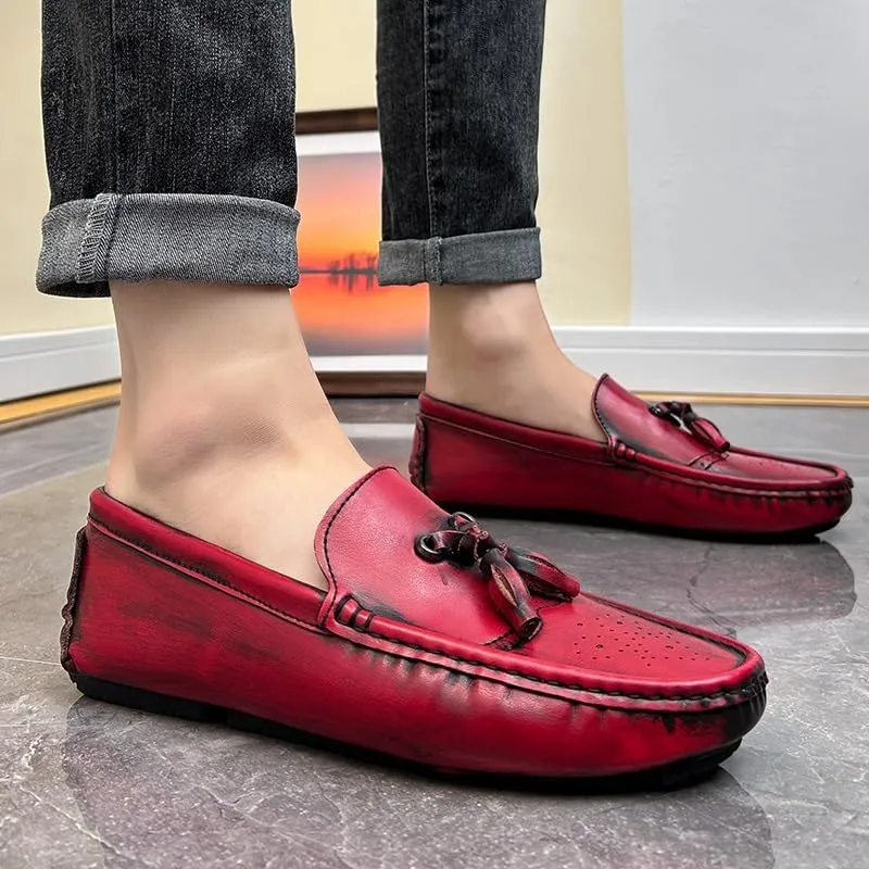New Loafers for Men Round Toe Vegan Leather Brogue Embossed with Tassel Driving Loafers Anti-Slip Flexible Flat Heel Party Classic Slip On