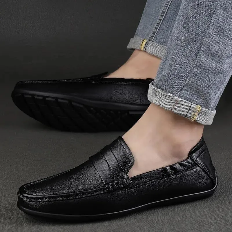 New Loafers for Men Vegan Leather Stitching Details Penny Loafers Anti-Slip Flexible Flat Heel Party Prom Slip On