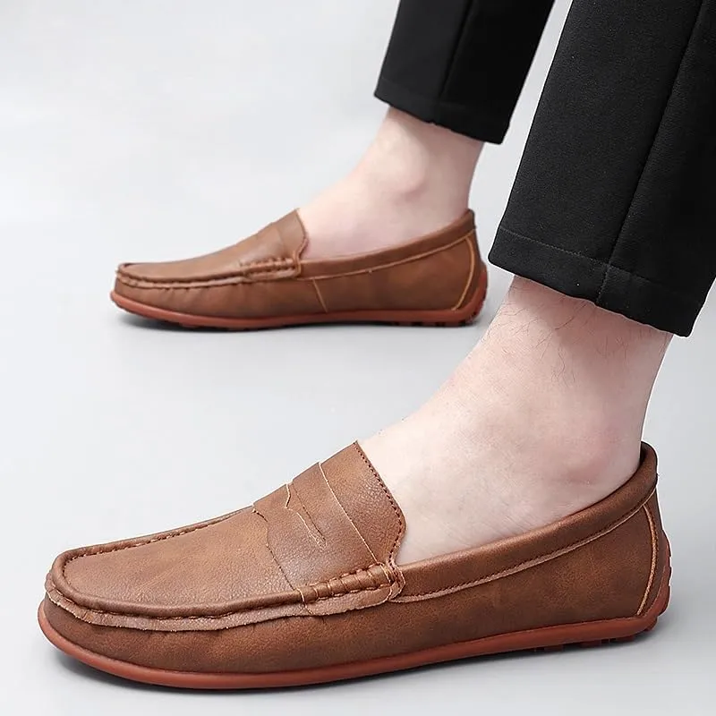 New Men's Loafers Round Toe Vegan Leather Penny Loafers Comfortable Flat Heel Flexible Party Slip On