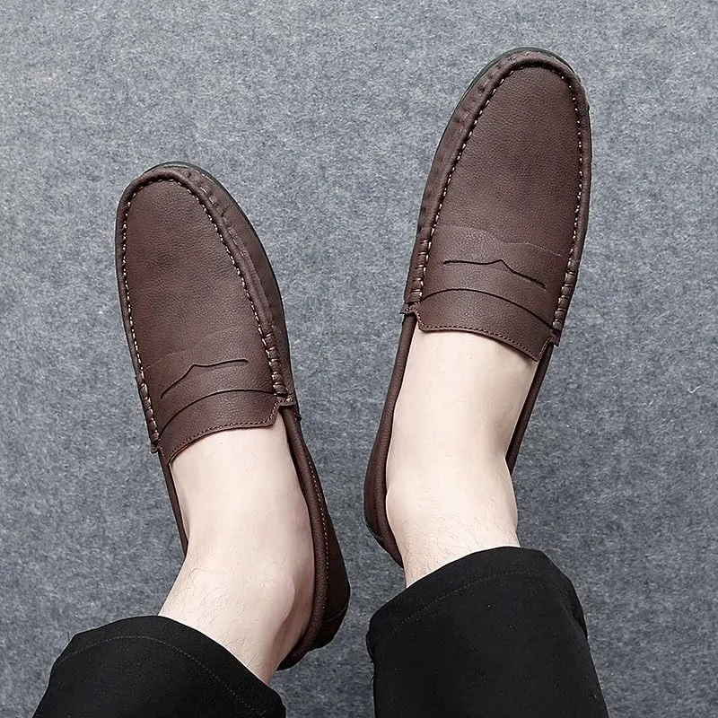 New Men's Loafers Round Toe Vegan Leather Penny Loafers Comfortable Flat Heel Flexible Party Slip On