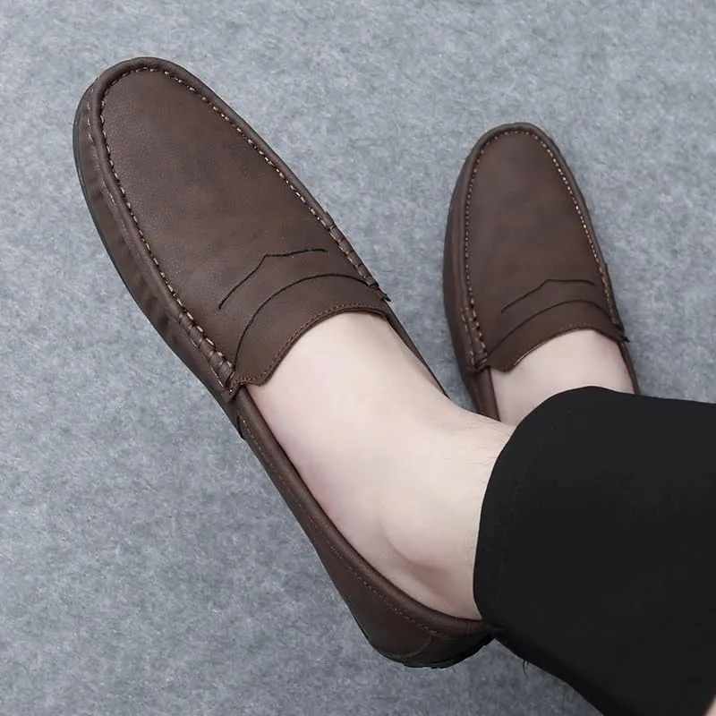 New Men's Loafers Round Toe Vegan Leather Penny Loafers Comfortable Flat Heel Flexible Party Slip On