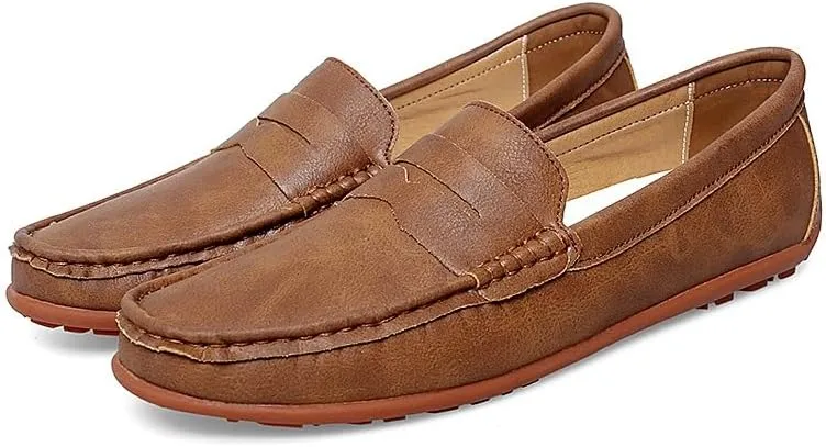 New Men's Loafers Round Toe Vegan Leather Penny Loafers Comfortable Flat Heel Flexible Party Slip On