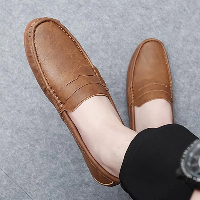 New Men's Loafers Round Toe Vegan Leather Penny Loafers Comfortable Flat Heel Flexible Party Slip On