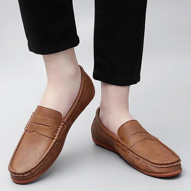 New Men's Loafers Round Toe Vegan Leather Penny Loafers Comfortable Flat Heel Flexible Party Slip On