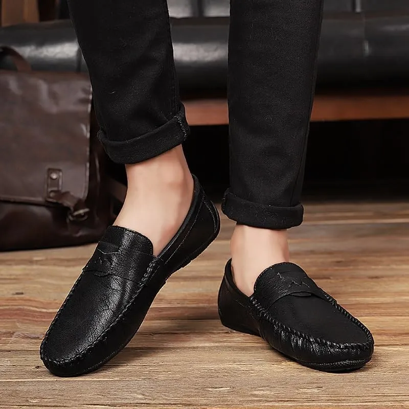 New Mens Loafers Shoe Solid Color Round Toe Vegan Leather Flat Heel Flexible Anti-Slip Wedding Slip On