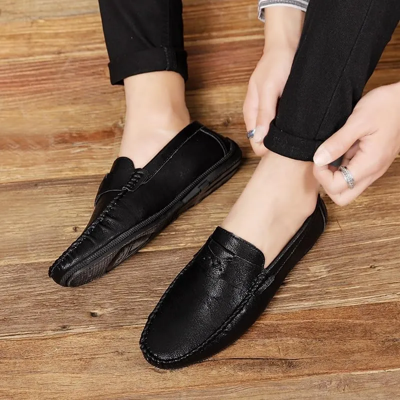 New Mens Loafers Shoe Solid Color Round Toe Vegan Leather Flat Heel Flexible Anti-Slip Wedding Slip On