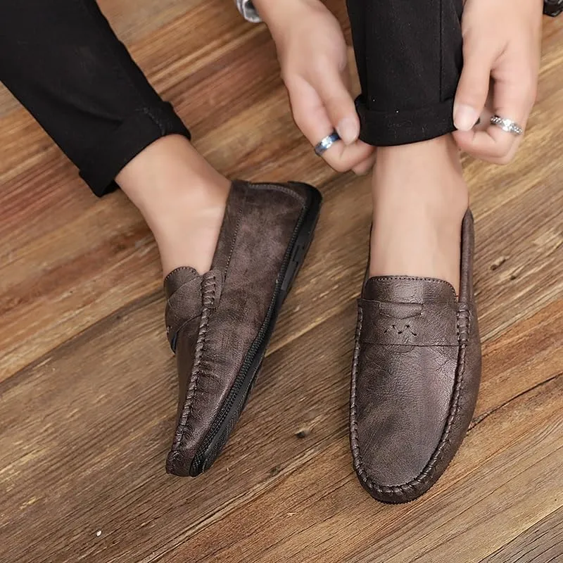 New Mens Loafers Shoe Solid Color Round Toe Vegan Leather Flat Heel Flexible Anti-Slip Wedding Slip On