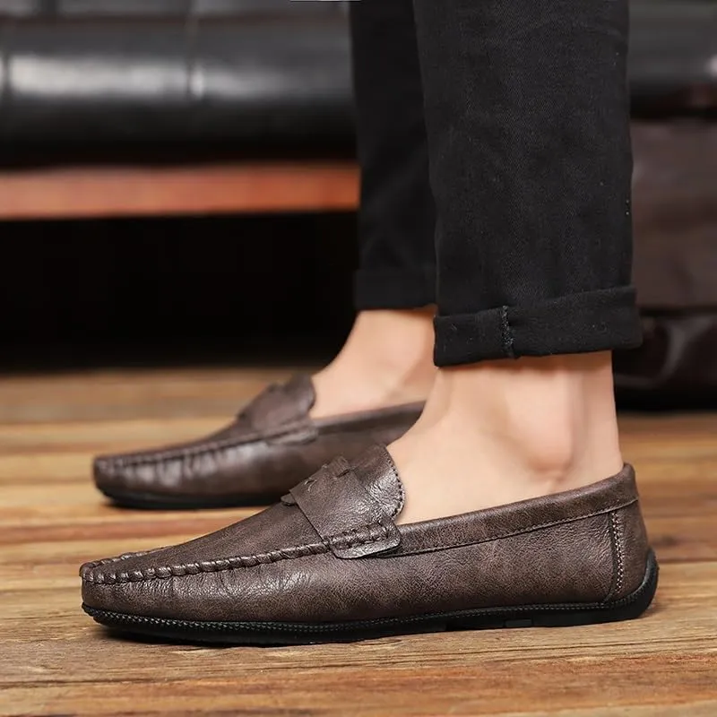 New Mens Loafers Shoe Solid Color Round Toe Vegan Leather Flat Heel Flexible Anti-Slip Wedding Slip On