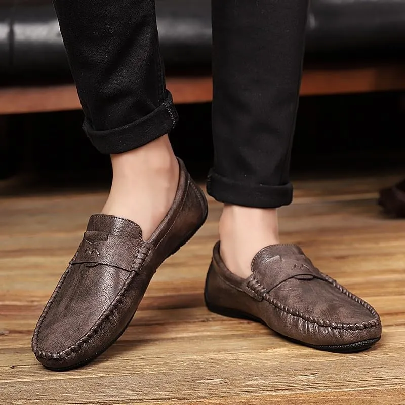 New Mens Loafers Shoe Solid Color Round Toe Vegan Leather Flat Heel Flexible Anti-Slip Wedding Slip On