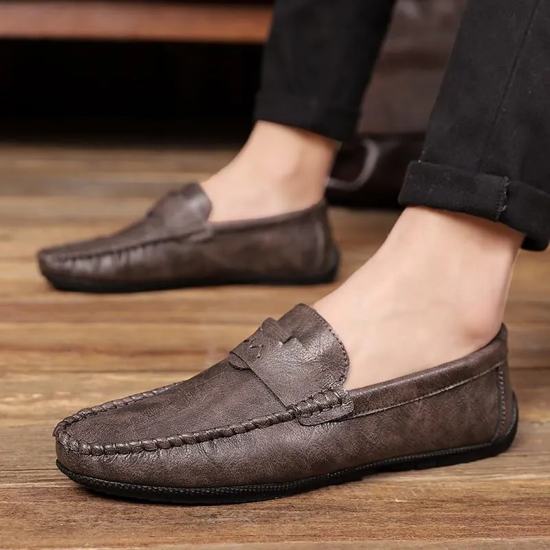 New Mens Loafers Shoe Solid Color Round Toe Vegan Leather Flat Heel Flexible Anti-Slip Wedding Slip On