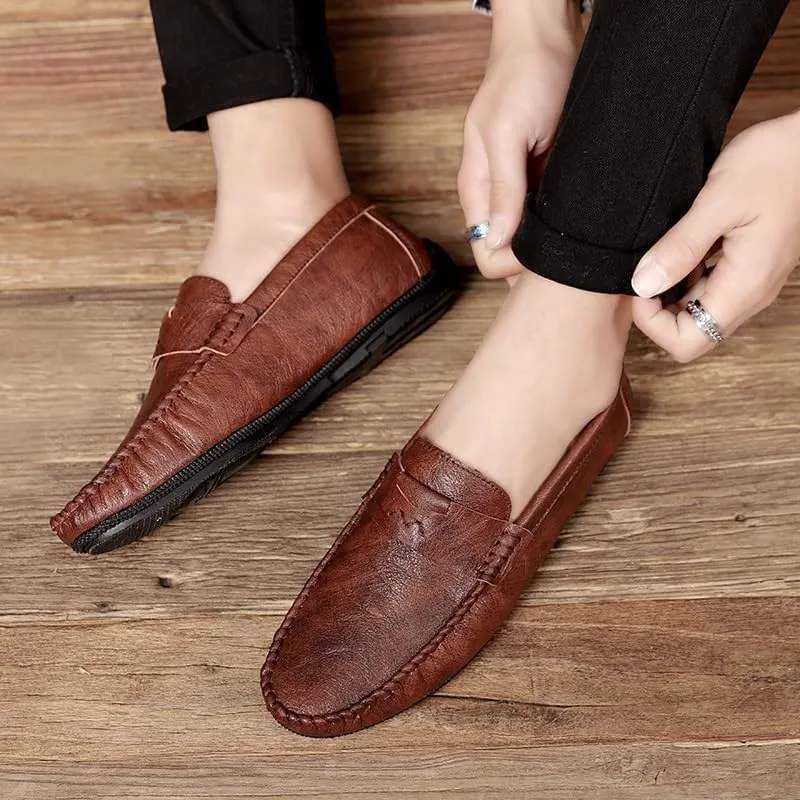 New Mens Loafers Shoe Solid Color Round Toe Vegan Leather Flat Heel Flexible Anti-Slip Wedding Slip On