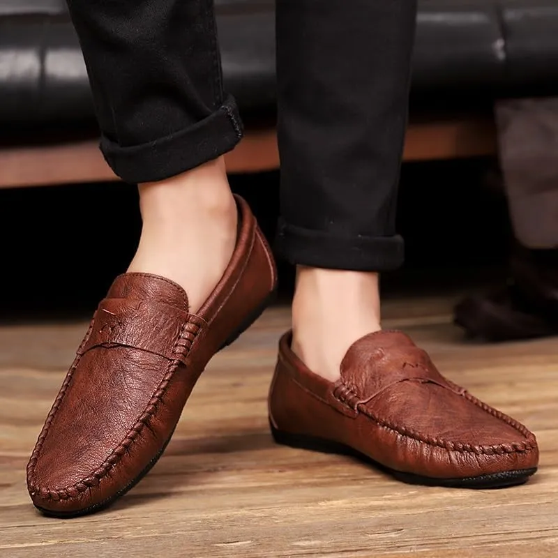 New Mens Loafers Shoe Solid Color Round Toe Vegan Leather Flat Heel Flexible Anti-Slip Wedding Slip On