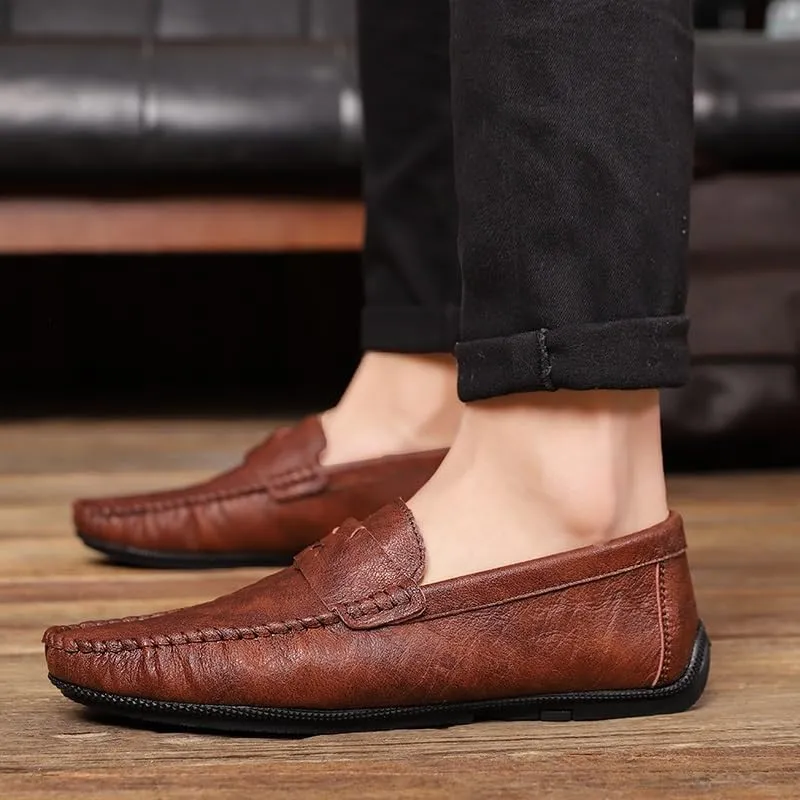 New Mens Loafers Shoe Solid Color Round Toe Vegan Leather Flat Heel Flexible Anti-Slip Wedding Slip On
