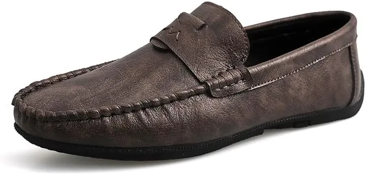 New Mens Loafers Shoe Solid Color Round Toe Vegan Leather Flat Heel Flexible Anti-Slip Wedding Slip On