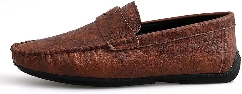 New Mens Loafers Shoe Solid Color Round Toe Vegan Leather Flat Heel Flexible Anti-Slip Wedding Slip On